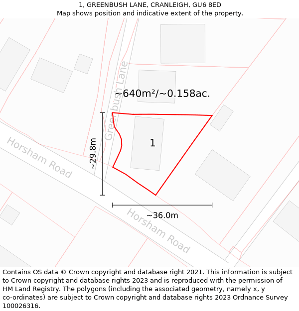 1, GREENBUSH LANE, CRANLEIGH, GU6 8ED: Plot and title map