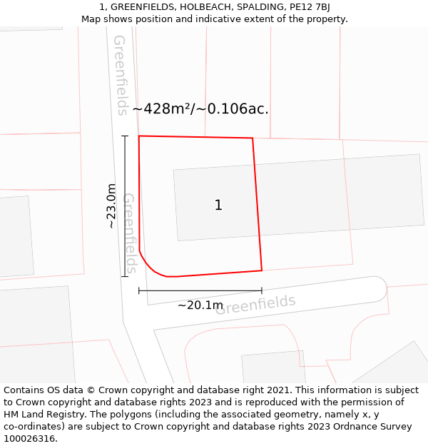 1, GREENFIELDS, HOLBEACH, SPALDING, PE12 7BJ: Plot and title map