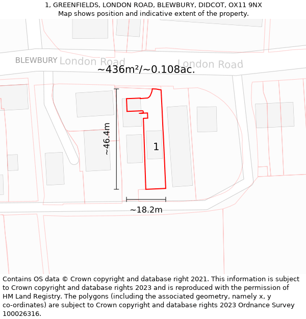 1, GREENFIELDS, LONDON ROAD, BLEWBURY, DIDCOT, OX11 9NX: Plot and title map