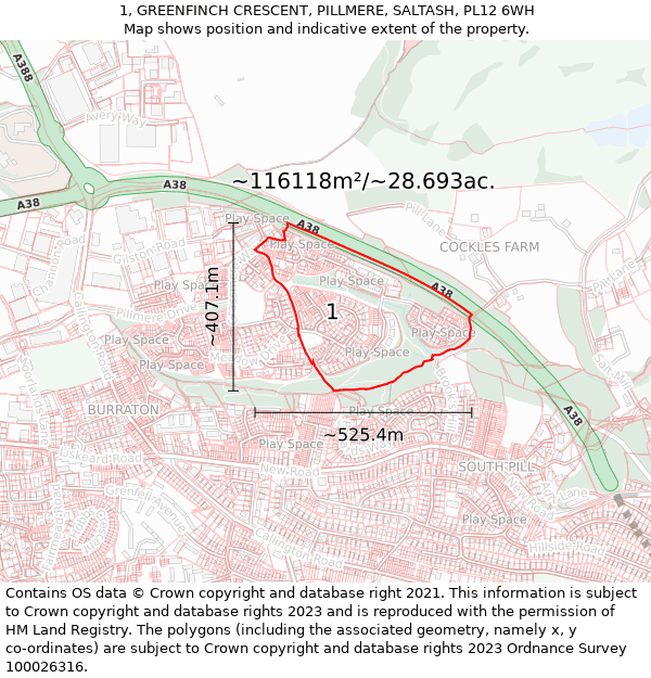 1, GREENFINCH CRESCENT, PILLMERE, SALTASH, PL12 6WH: Plot and title map