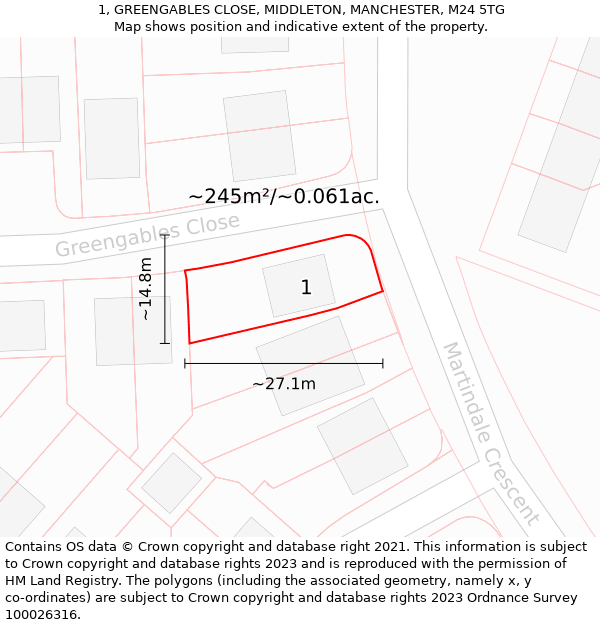 1, GREENGABLES CLOSE, MIDDLETON, MANCHESTER, M24 5TG: Plot and title map