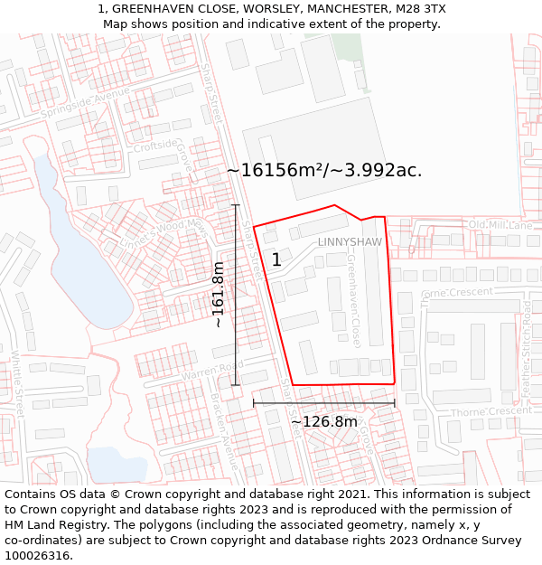 1, GREENHAVEN CLOSE, WORSLEY, MANCHESTER, M28 3TX: Plot and title map