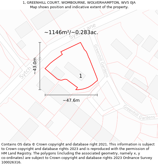 1, GREENHILL COURT, WOMBOURNE, WOLVERHAMPTON, WV5 0JA: Plot and title map