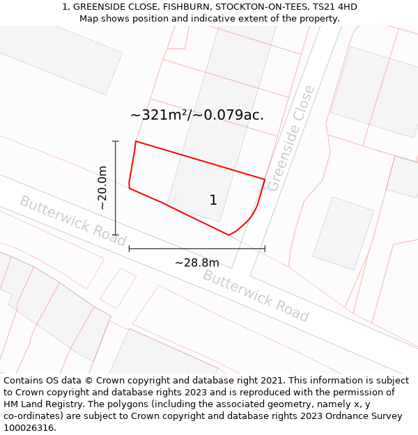 1, GREENSIDE CLOSE, FISHBURN, STOCKTON-ON-TEES, TS21 4HD: Plot and title map