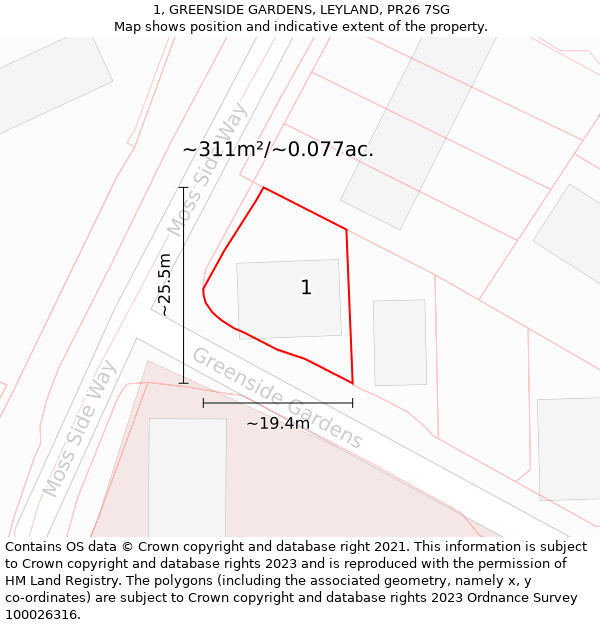 1, GREENSIDE GARDENS, LEYLAND, PR26 7SG: Plot and title map