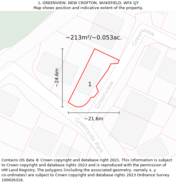 1, GREENVIEW, NEW CROFTON, WAKEFIELD, WF4 1JY: Plot and title map