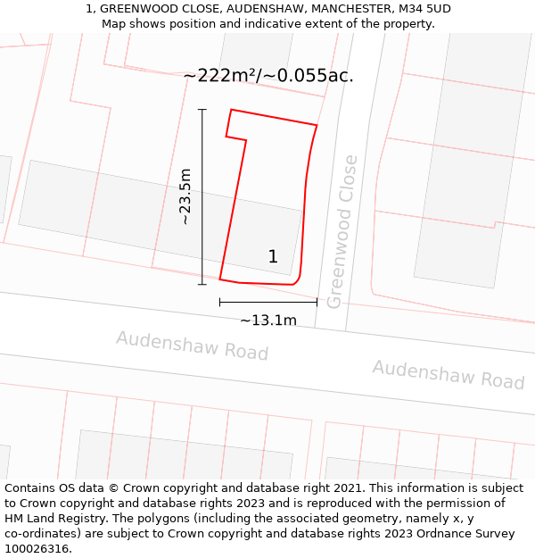 1, GREENWOOD CLOSE, AUDENSHAW, MANCHESTER, M34 5UD: Plot and title map