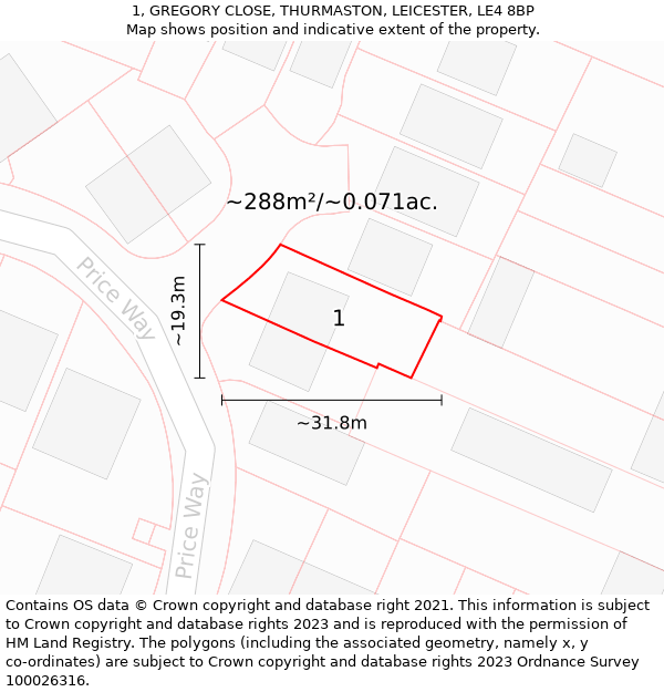 1, GREGORY CLOSE, THURMASTON, LEICESTER, LE4 8BP: Plot and title map