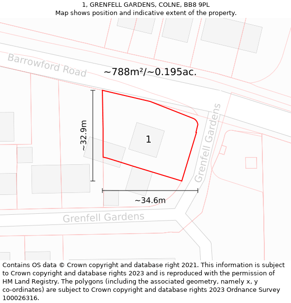 1, GRENFELL GARDENS, COLNE, BB8 9PL: Plot and title map