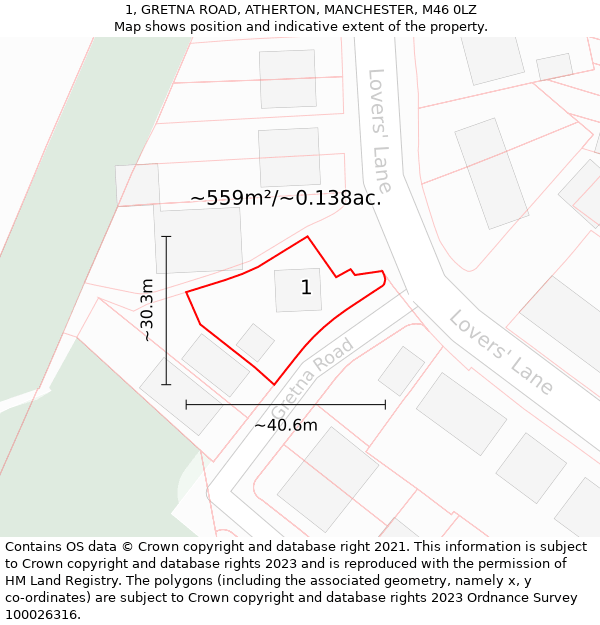 1, GRETNA ROAD, ATHERTON, MANCHESTER, M46 0LZ: Plot and title map