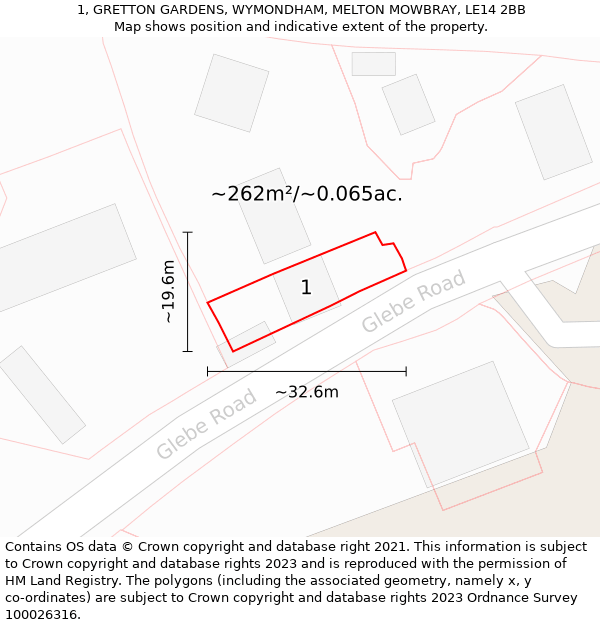 1, GRETTON GARDENS, WYMONDHAM, MELTON MOWBRAY, LE14 2BB: Plot and title map