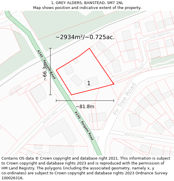 1, GREY ALDERS, BANSTEAD, SM7 1NL: Plot and title map