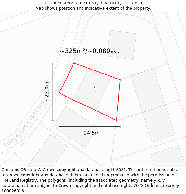 1, GREYFRIARS CRESCENT, BEVERLEY, HU17 8LR: Plot and title map