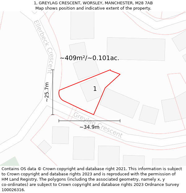 1, GREYLAG CRESCENT, WORSLEY, MANCHESTER, M28 7AB: Plot and title map