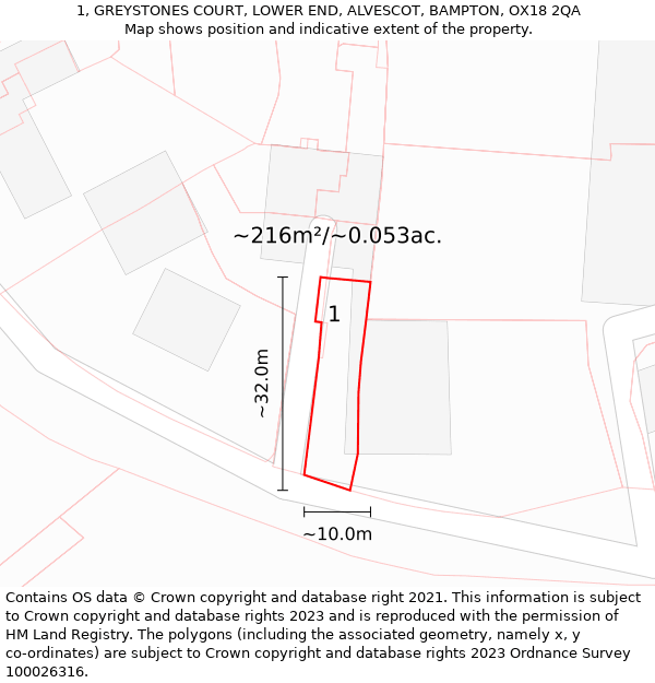 1, GREYSTONES COURT, LOWER END, ALVESCOT, BAMPTON, OX18 2QA: Plot and title map