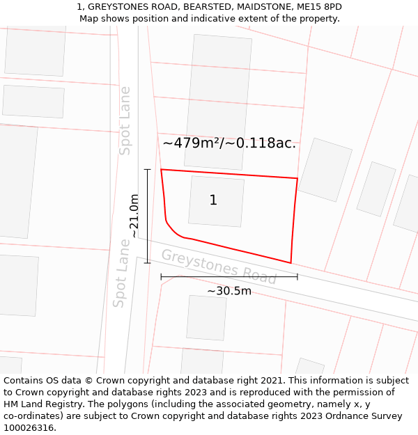 1, GREYSTONES ROAD, BEARSTED, MAIDSTONE, ME15 8PD: Plot and title map