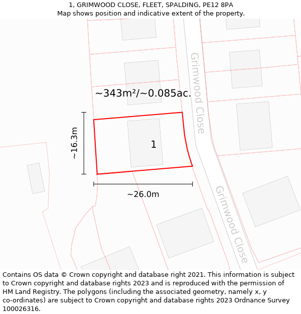 1, GRIMWOOD CLOSE, FLEET, SPALDING, PE12 8PA: Plot and title map