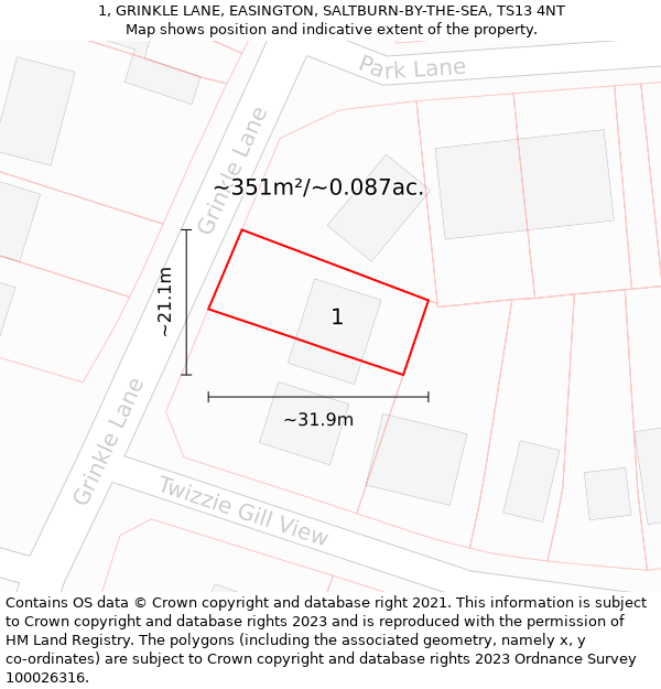 1, GRINKLE LANE, EASINGTON, SALTBURN-BY-THE-SEA, TS13 4NT: Plot and title map