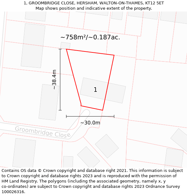 1, GROOMBRIDGE CLOSE, HERSHAM, WALTON-ON-THAMES, KT12 5ET: Plot and title map