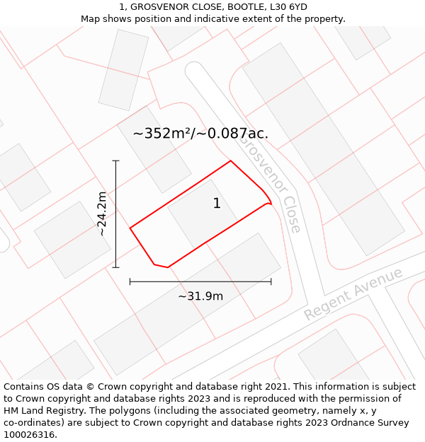 1, GROSVENOR CLOSE, BOOTLE, L30 6YD: Plot and title map