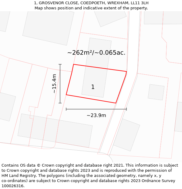 1, GROSVENOR CLOSE, COEDPOETH, WREXHAM, LL11 3LH: Plot and title map