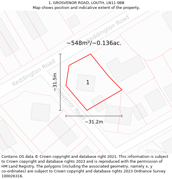 1, GROSVENOR ROAD, LOUTH, LN11 0BB: Plot and title map