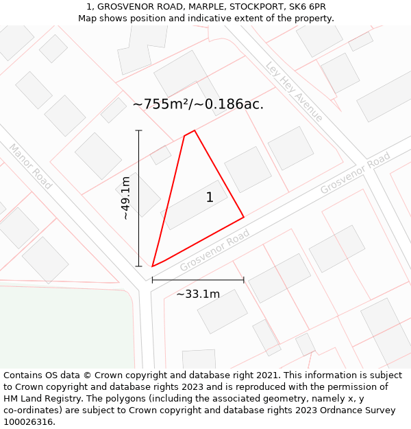 1, GROSVENOR ROAD, MARPLE, STOCKPORT, SK6 6PR: Plot and title map