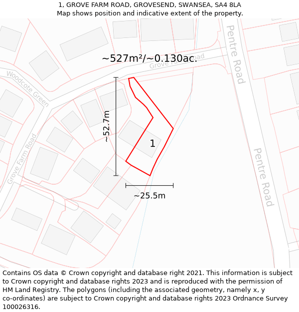 1, GROVE FARM ROAD, GROVESEND, SWANSEA, SA4 8LA: Plot and title map