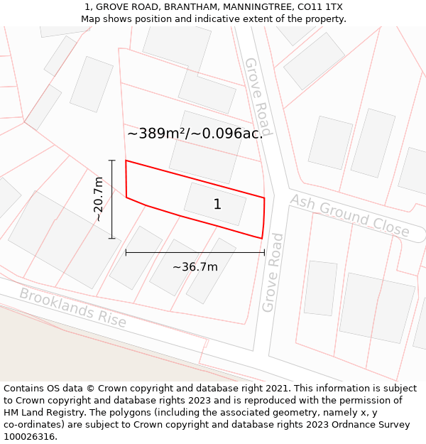 1, GROVE ROAD, BRANTHAM, MANNINGTREE, CO11 1TX: Plot and title map