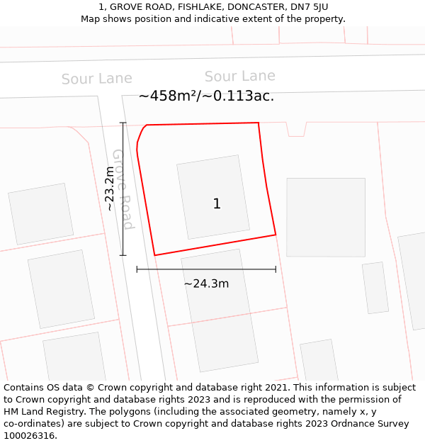 1, GROVE ROAD, FISHLAKE, DONCASTER, DN7 5JU: Plot and title map