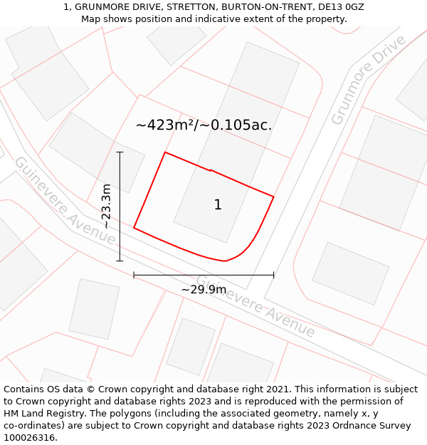 1, GRUNMORE DRIVE, STRETTON, BURTON-ON-TRENT, DE13 0GZ: Plot and title map