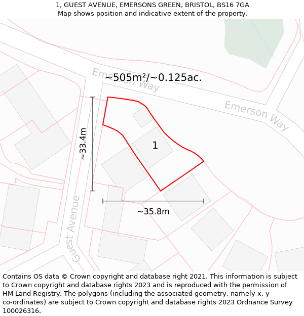 1, GUEST AVENUE, EMERSONS GREEN, BRISTOL, BS16 7GA: Plot and title map