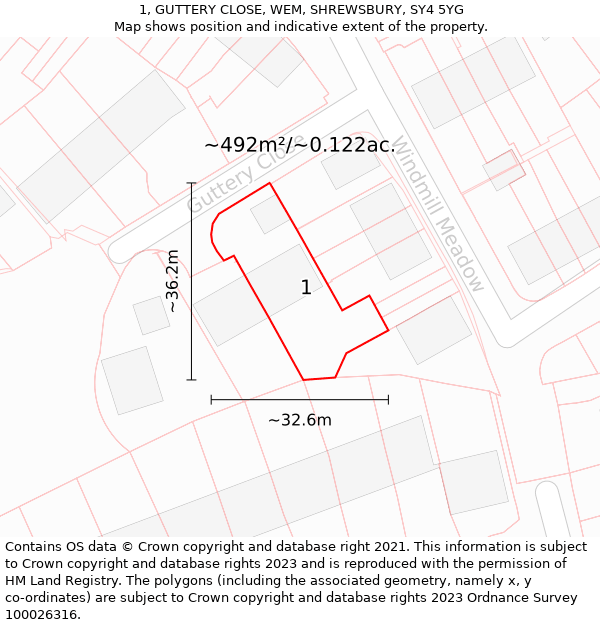 1, GUTTERY CLOSE, WEM, SHREWSBURY, SY4 5YG: Plot and title map