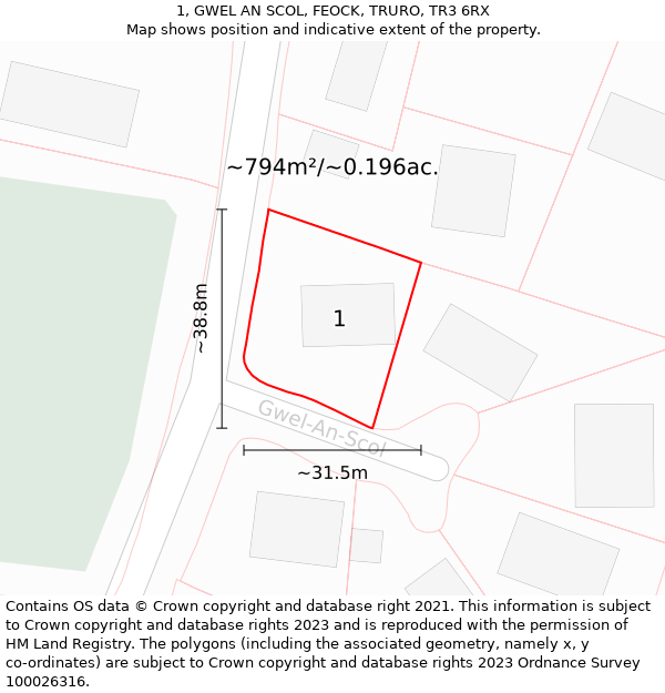 1, GWEL AN SCOL, FEOCK, TRURO, TR3 6RX: Plot and title map