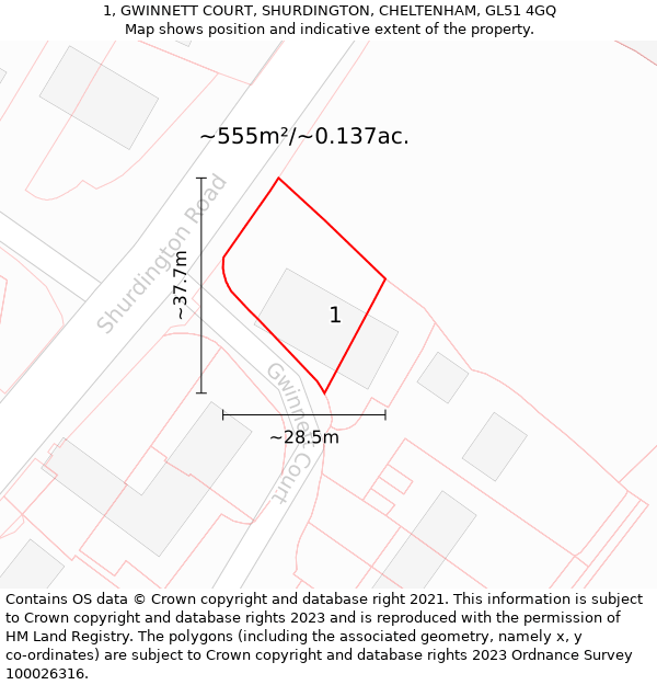 1, GWINNETT COURT, SHURDINGTON, CHELTENHAM, GL51 4GQ: Plot and title map