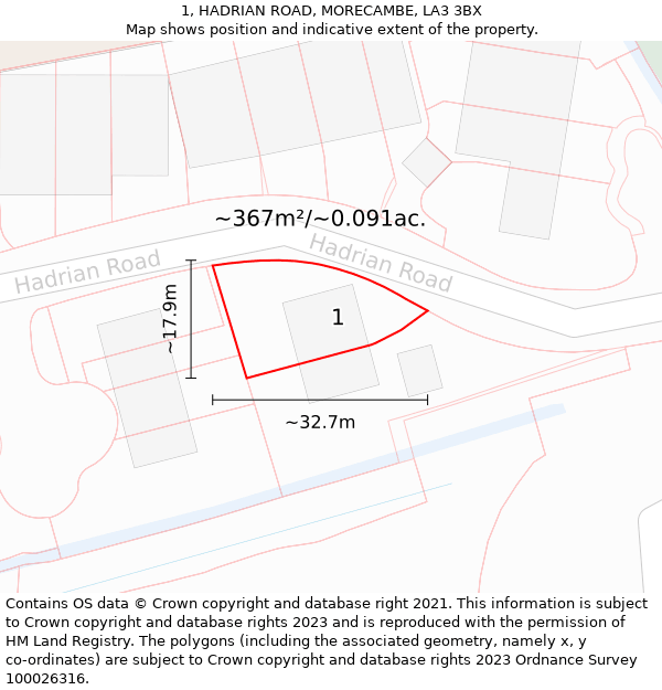 1, HADRIAN ROAD, MORECAMBE, LA3 3BX: Plot and title map