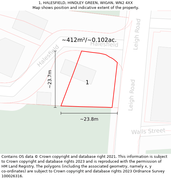 1, HALESFIELD, HINDLEY GREEN, WIGAN, WN2 4XX: Plot and title map