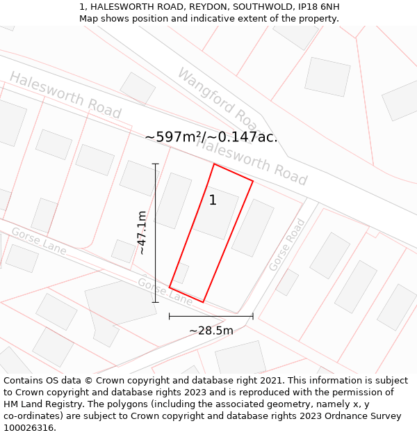 1, HALESWORTH ROAD, REYDON, SOUTHWOLD, IP18 6NH: Plot and title map