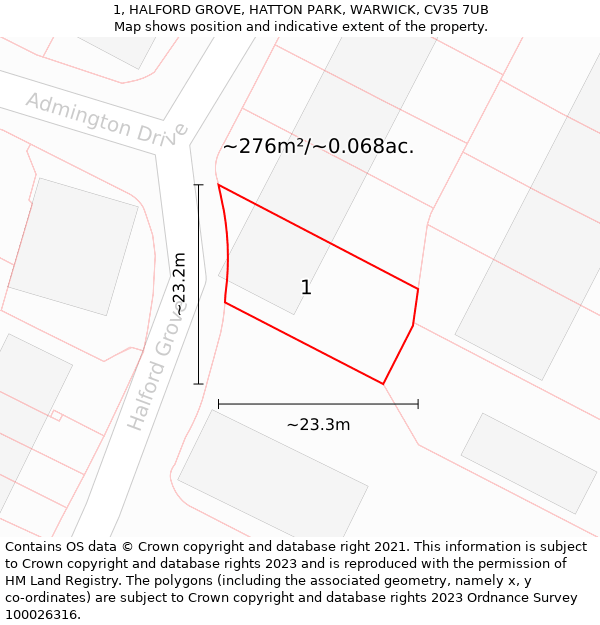 1, HALFORD GROVE, HATTON PARK, WARWICK, CV35 7UB: Plot and title map