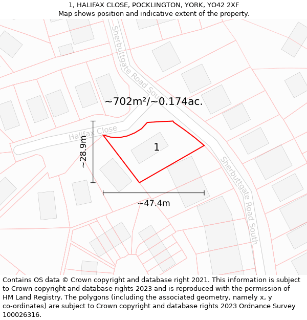 1, HALIFAX CLOSE, POCKLINGTON, YORK, YO42 2XF: Plot and title map