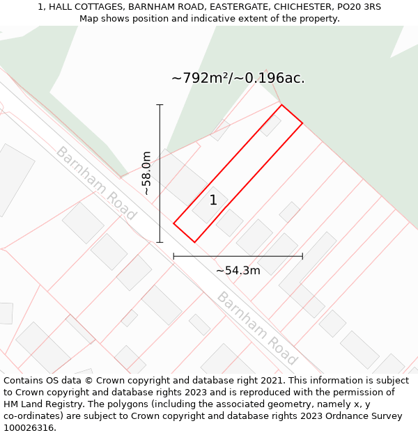 1, HALL COTTAGES, BARNHAM ROAD, EASTERGATE, CHICHESTER, PO20 3RS: Plot and title map