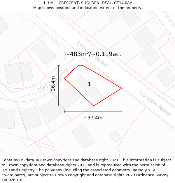 1, HALL CRESCENT, SHOLDEN, DEAL, CT14 0AA: Plot and title map