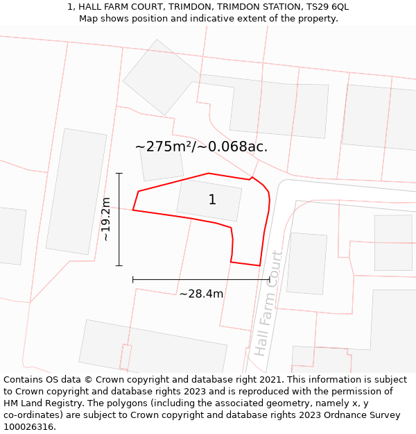 1, HALL FARM COURT, TRIMDON, TRIMDON STATION, TS29 6QL: Plot and title map