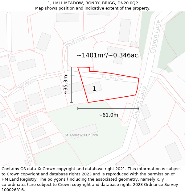 1, HALL MEADOW, BONBY, BRIGG, DN20 0QP: Plot and title map