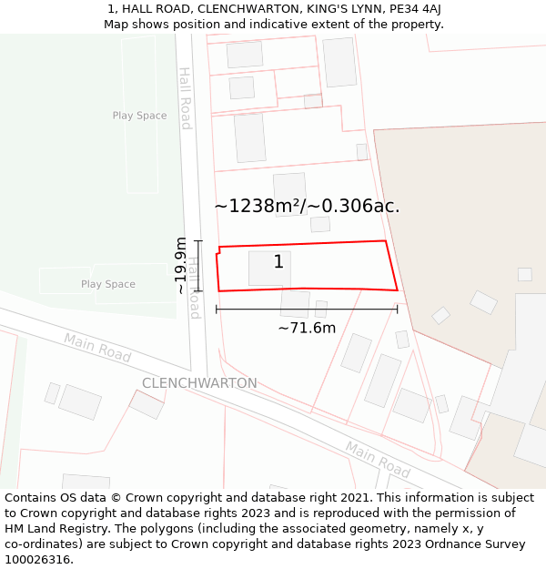 1, HALL ROAD, CLENCHWARTON, KING'S LYNN, PE34 4AJ: Plot and title map