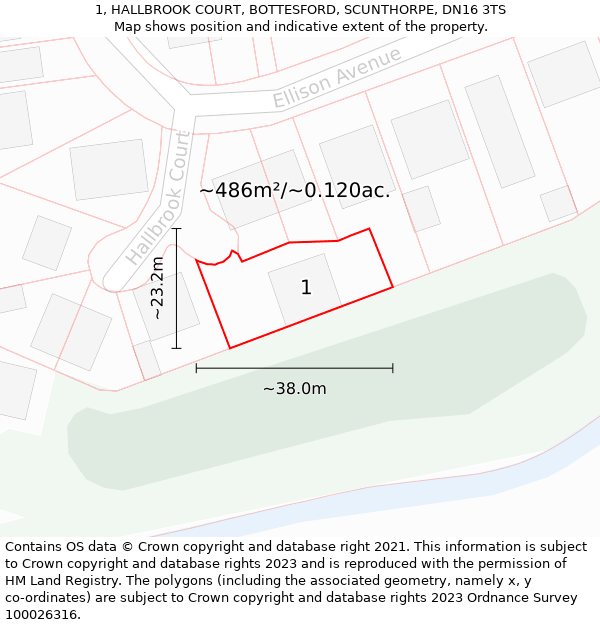 1, HALLBROOK COURT, BOTTESFORD, SCUNTHORPE, DN16 3TS: Plot and title map