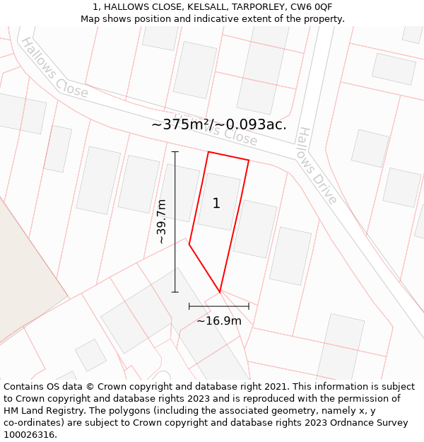 1, HALLOWS CLOSE, KELSALL, TARPORLEY, CW6 0QF: Plot and title map