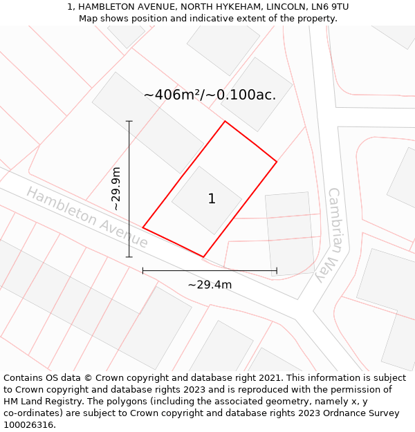 1, HAMBLETON AVENUE, NORTH HYKEHAM, LINCOLN, LN6 9TU: Plot and title map