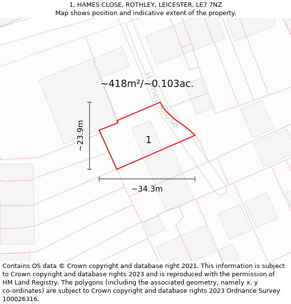 1, HAMES CLOSE, ROTHLEY, LEICESTER, LE7 7NZ: Plot and title map