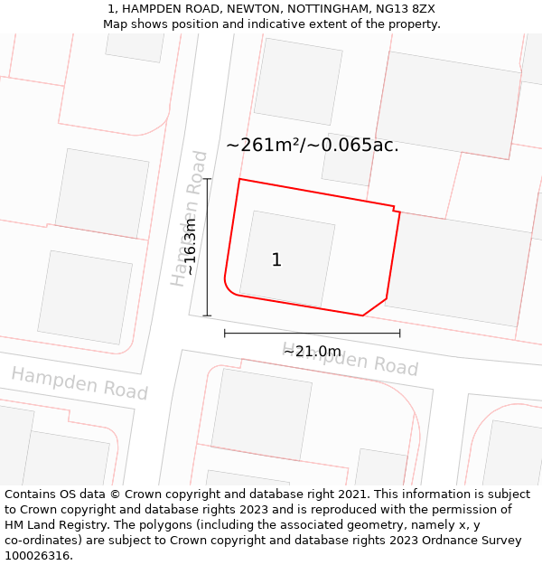 1, HAMPDEN ROAD, NEWTON, NOTTINGHAM, NG13 8ZX: Plot and title map